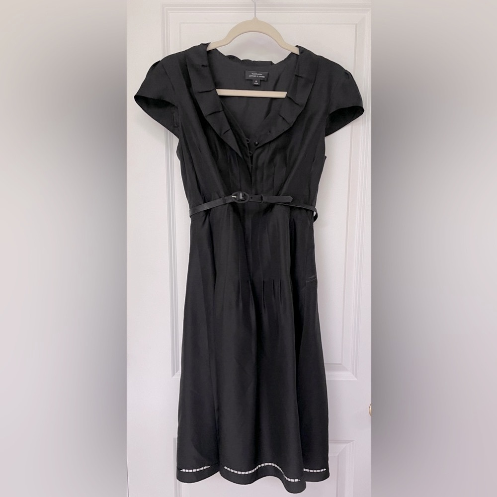 Tahari Albert Levine Womens V Neck Black Cocktail Dress Black Belt Detai…